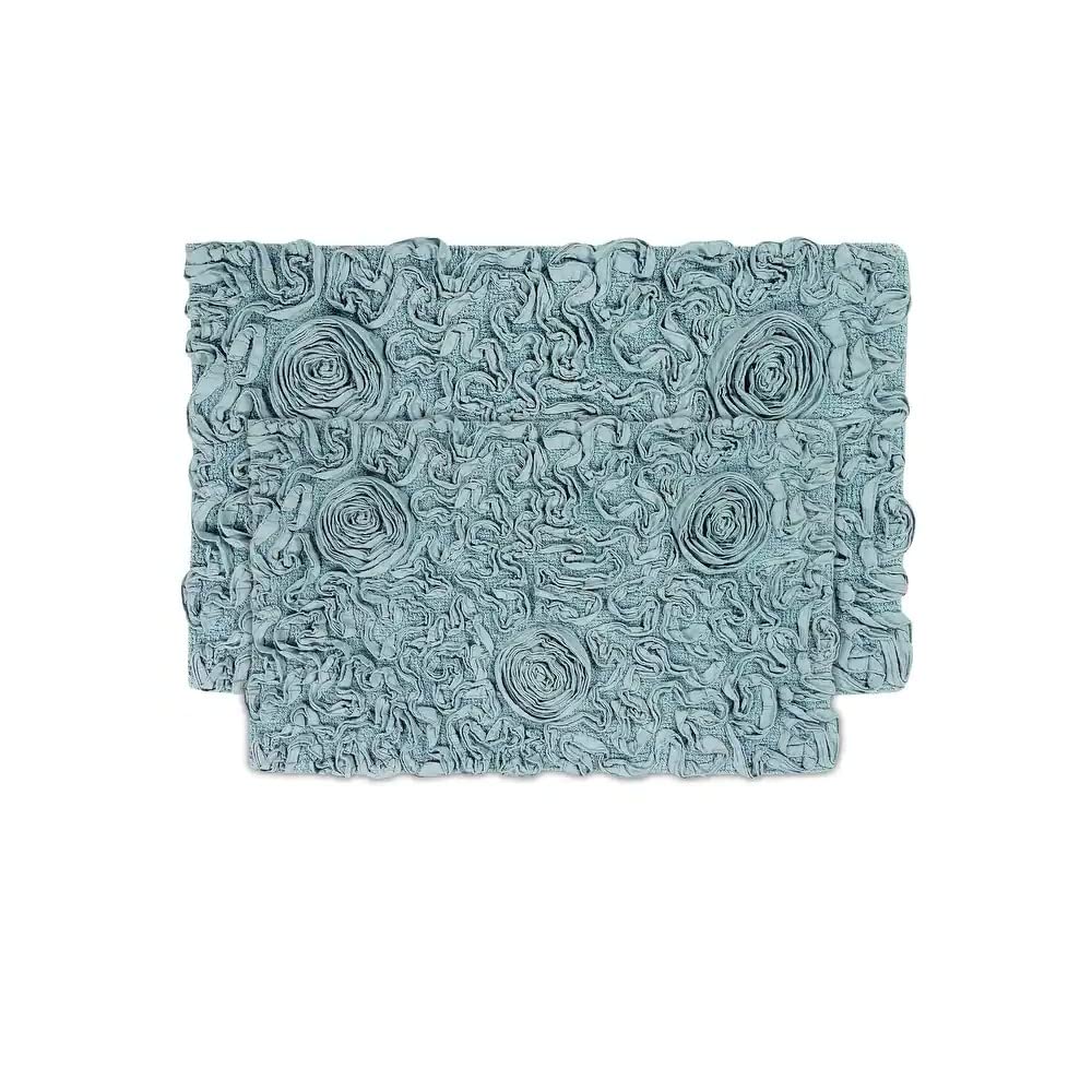 All Season Durable Teal Blue Cotton Bathroom Rugs Sets 2 Piece with Pretty Floral Tufted Pattern On Solid