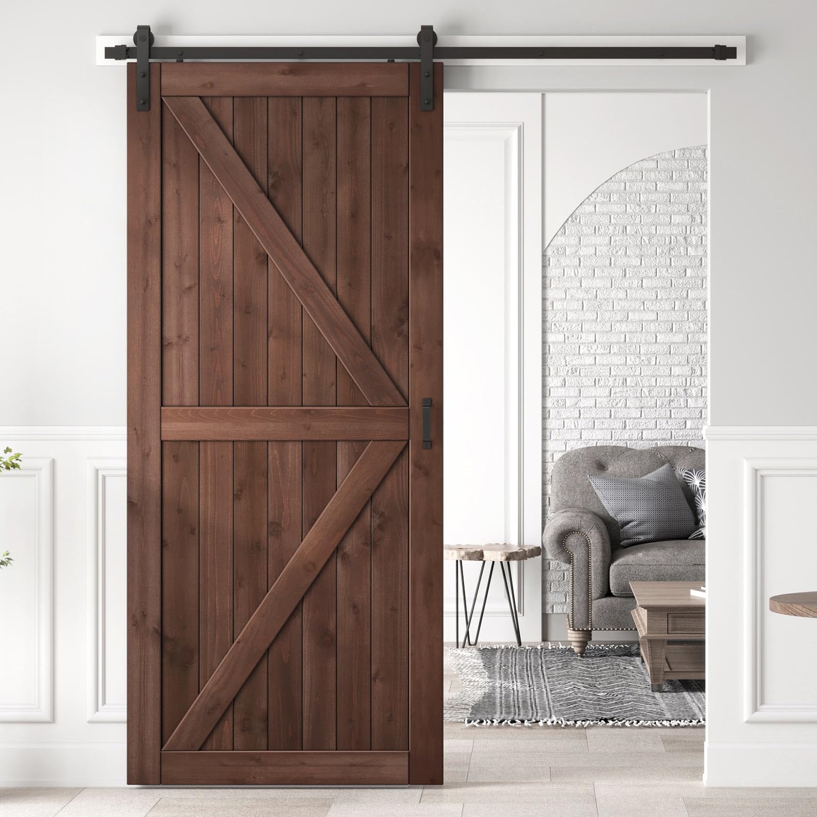 Photo 1 of ROYMELO 42x96 inch Sliding Barn Wood Door Slab with 7ft Hardware Kit and Handle, Coffee, K Shape, Simple DIY Assembly