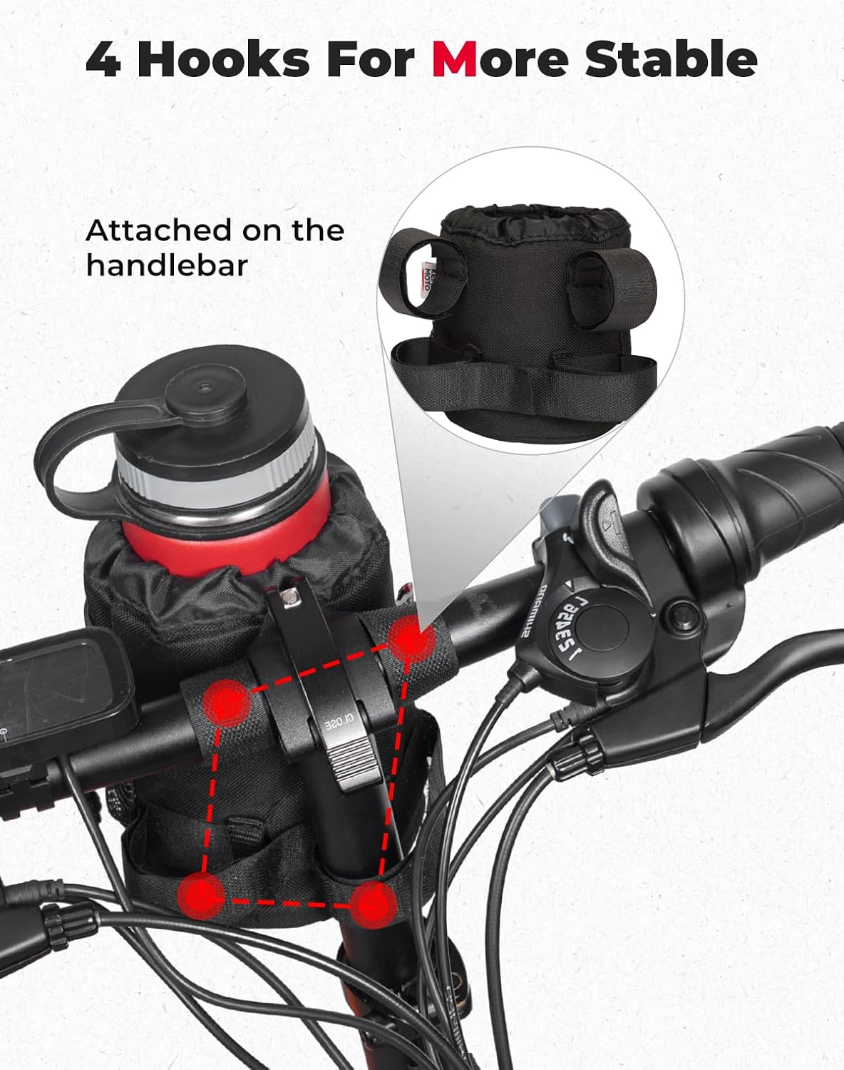 KEMIMOTO Large Bike Cup Holder, Bicycle Water Bottle Holder for Handlebar | Bike Drink Holder with Mesh Pockets Phone Bag, Compatible with Road Bike, MTB, E-Bike, Scooter & Wheelchair
