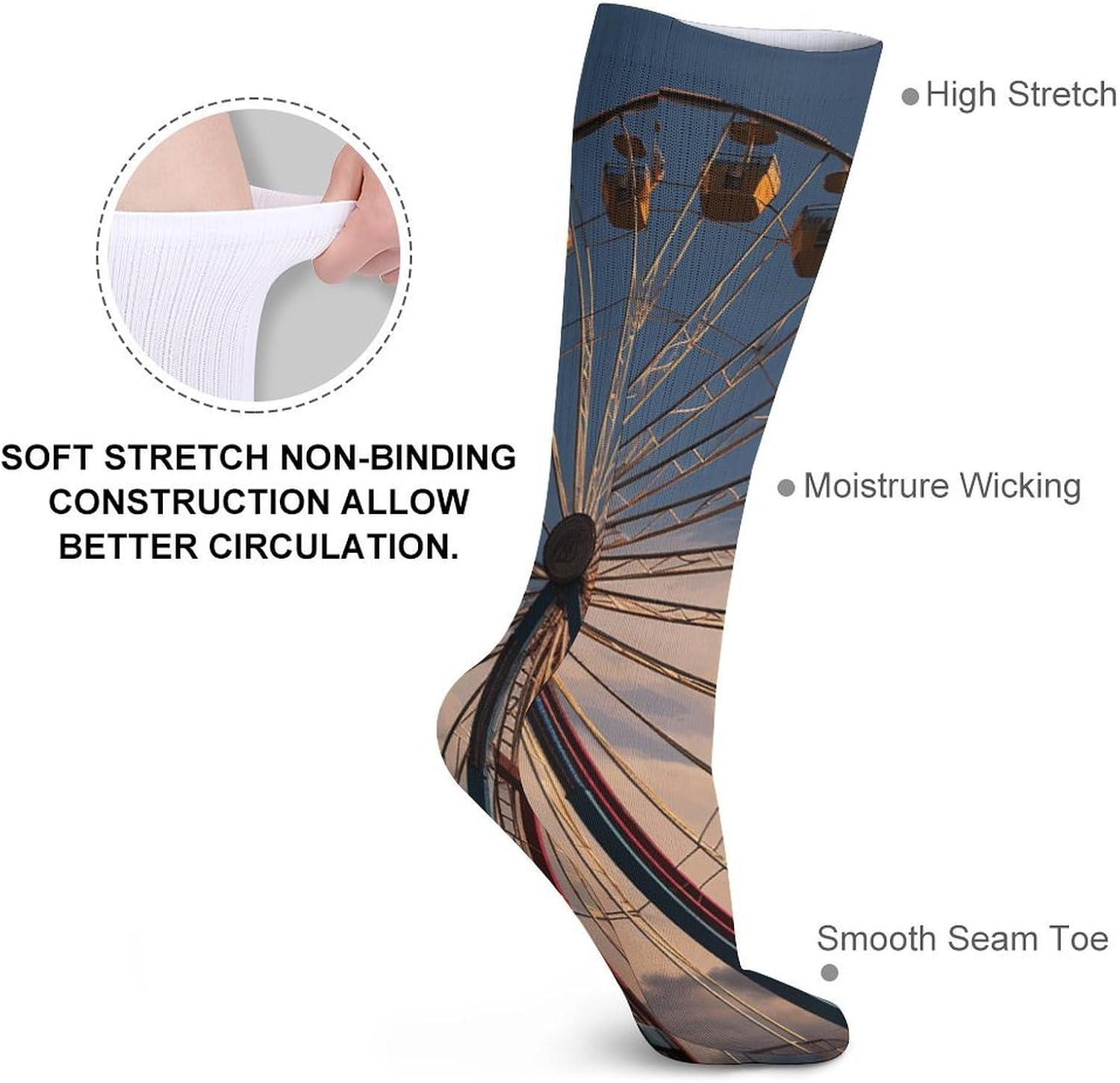 5 Pairs Knee High Socks Ferris Wheel Long Tube Boot Seamless Toe