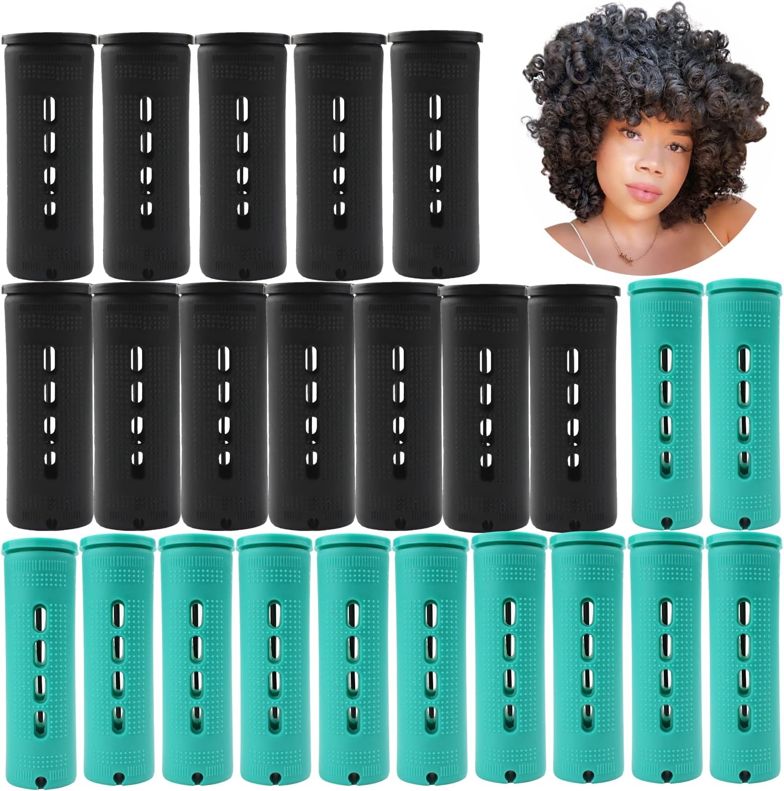 Large and Jumbo Perm Rods Set - 24 pcs Black and Green Color Hair Rollers for Natural Hair - Cold Wave Rods for Long Short Hair - Hair Curlers Hairstyling Tools