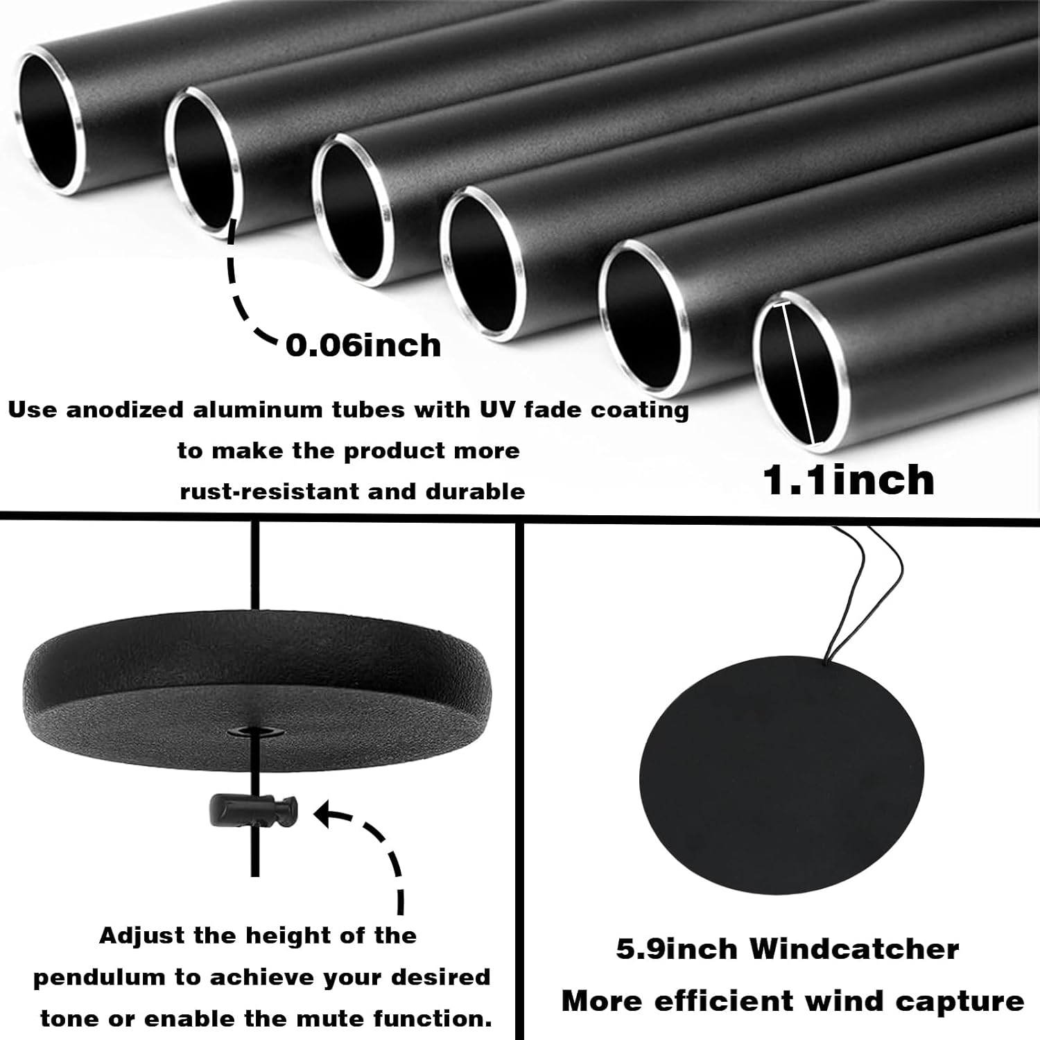 66" Extra Large Wind Chimes for Outside, Deep Soulful 6 Tube Aluminum Windchimes with Healing, Breezy Melodies, Rustproof Black Finish Heartfelt Gift for Mom's Patio Garden