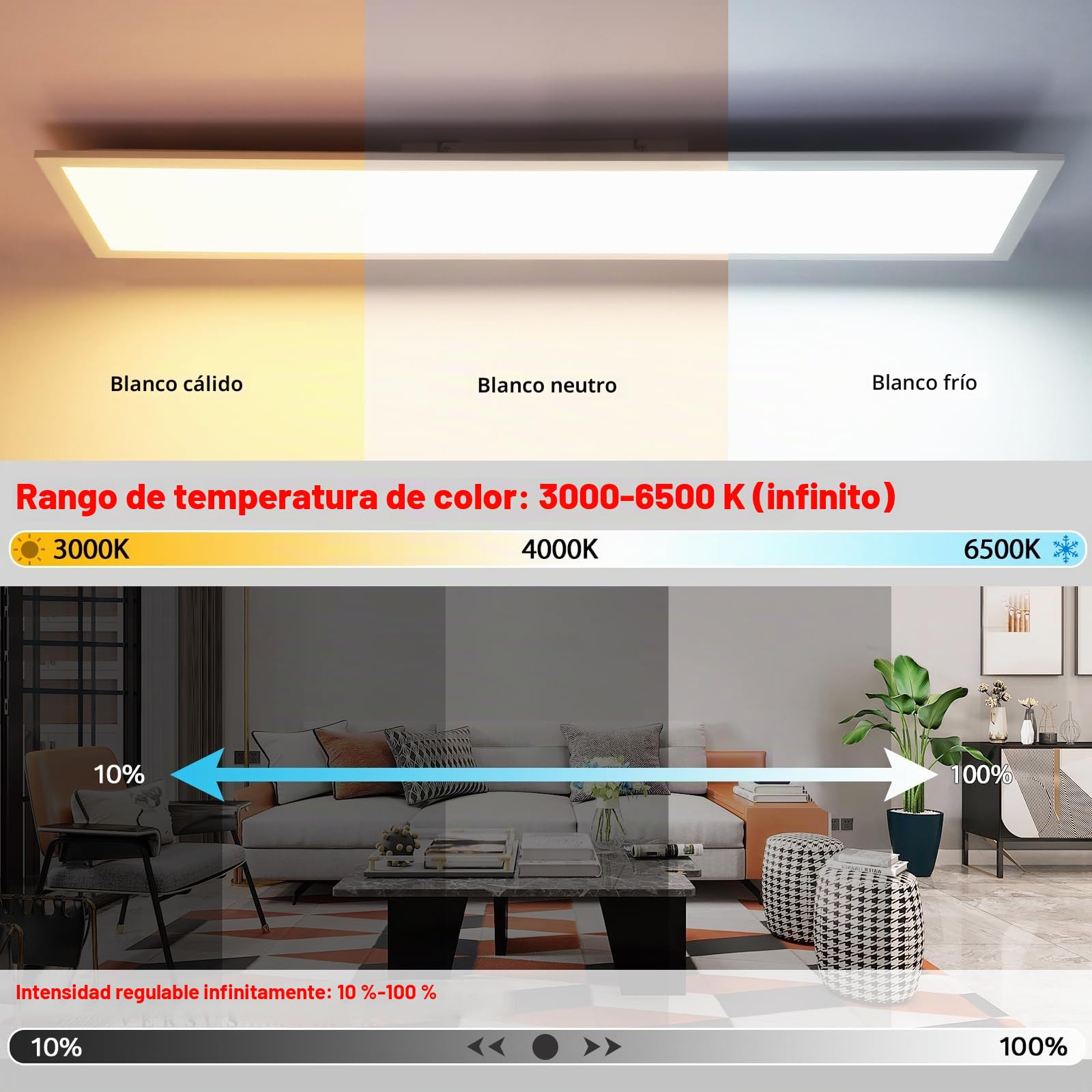 Plafon LED Techo Regulable 120x30CM, Lampara Techo LED Panel 36W/3960LM, 3000K-6500K, Con mando a distancia y función memoria, puede utilizarse como Lampara Techo Dormitorio, Plafon Techo