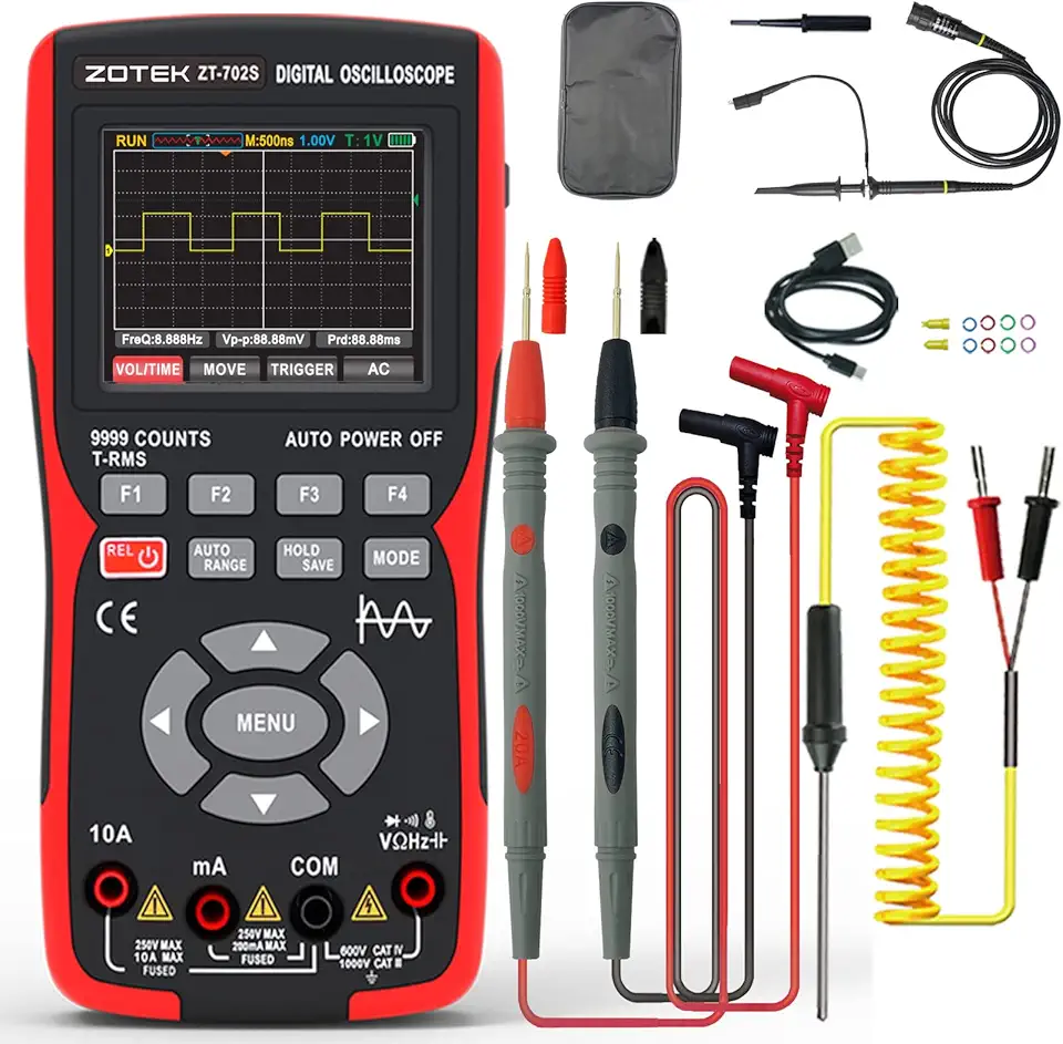 Zt-702S 2 Em 1 Multímetro Osciloscópio Automotivo Digital Portátil, Testador de Diodo, Multímetro Auto Rangin48Msa/S Alta Taxa de Amostragem, Testador de Medidor de Volt Amp Ohm 、 Teste de Tensã