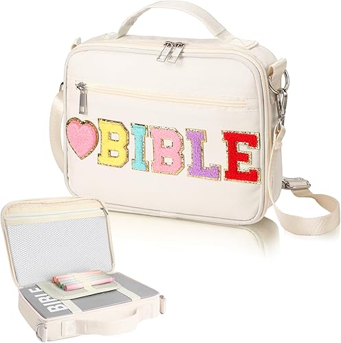 Vista 18 de Silkfly Funda para la Biblia de Navidad para mujeres, bolsa de iglesia grande de felpilla con correa para el hombro y asa, bolsa cristiana Azul