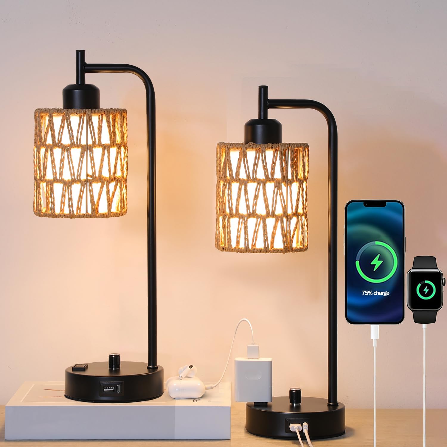 COTULIN Rattan Table Lamps Set of 2, Boho Desk Lamps with USB Charging Ports and Outlet, Bohemian Bedside Lamps with Rattan & Linen Shade, Farmhouse Black Lamp for Living Room Bedroom Office