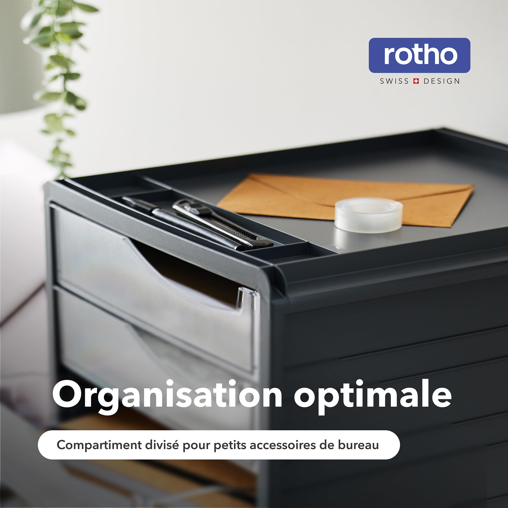 Rotho Spacemaker Boîte à Tiroirs / Boîte de Bureau à 5 Tiroirs, Plastique (Ps) sans BPA, Transparent / Noir, 33,5 X 28,5 X 32,0 cm | Système de rangement avec 5 tiroirs fermés, compartiments pour stylos et butée coulissante, plastique sans BPA robuste