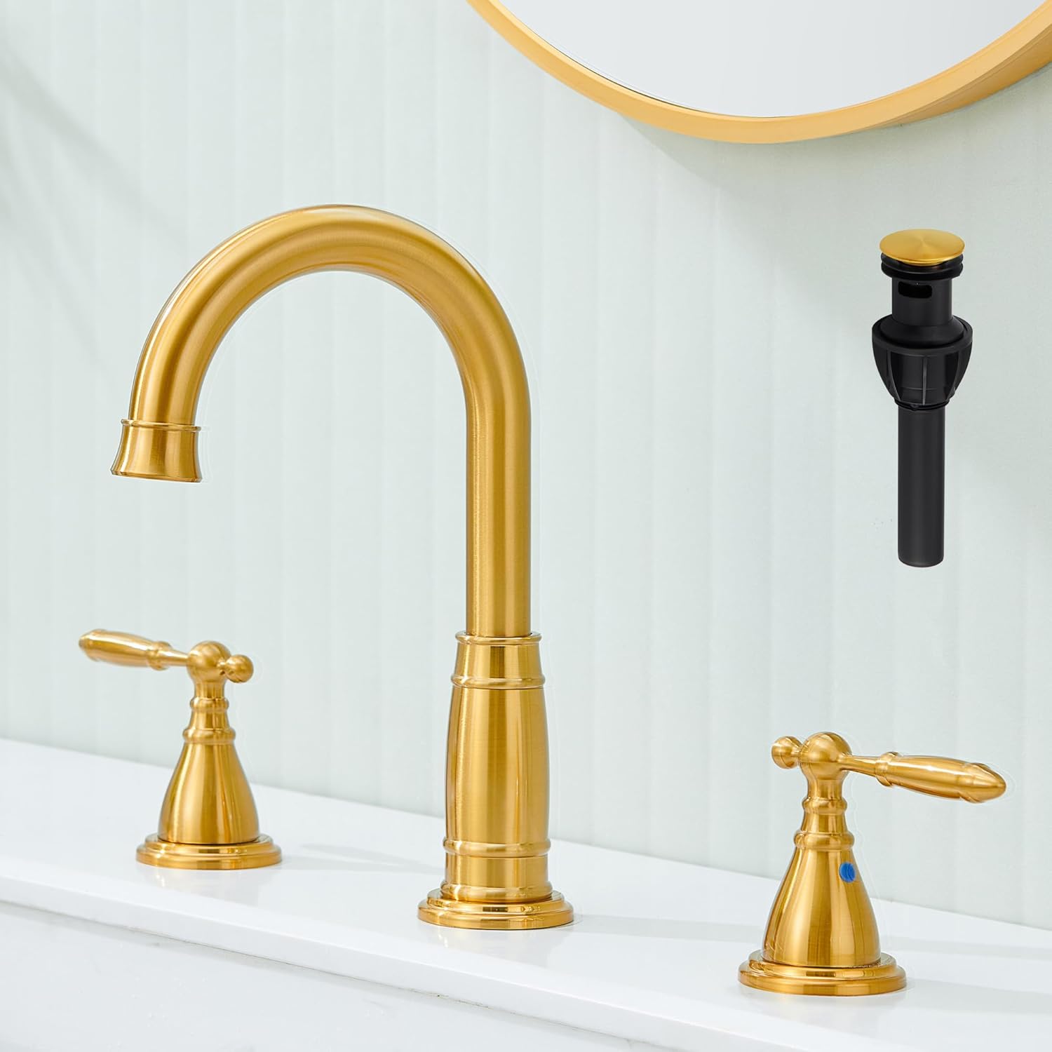 Gold Bathroom Faucet 3 Holes - 8 Inch Widespread Brushed Gold Faucet, Brushed Brass Bathroom Faucet, Vintage Brass Vanity Faucet, Bathroom Faucets Gold with Pop-Up Drain & Supply Lines 8In 3 Holes Gold