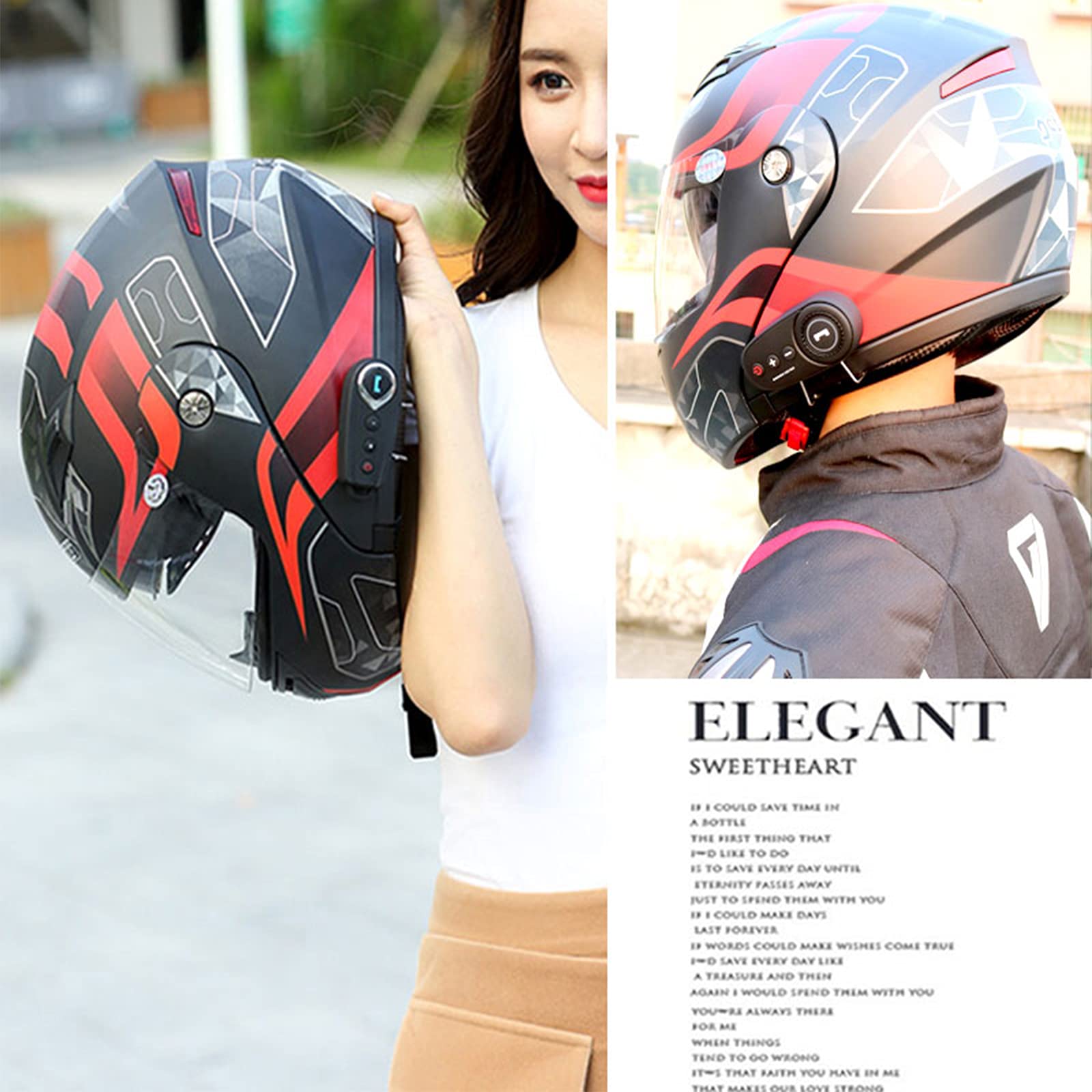 Motorrad Integrierter Bluetooth-Helm, Klapphelm ECE-Geprüft, Sturzhelm Anti-Fog-Doppelspiegel, Eingebautes FM Radio Integriertes Intercom-Kommunikationssystem für Damen Herren ,D,L 59~60cm