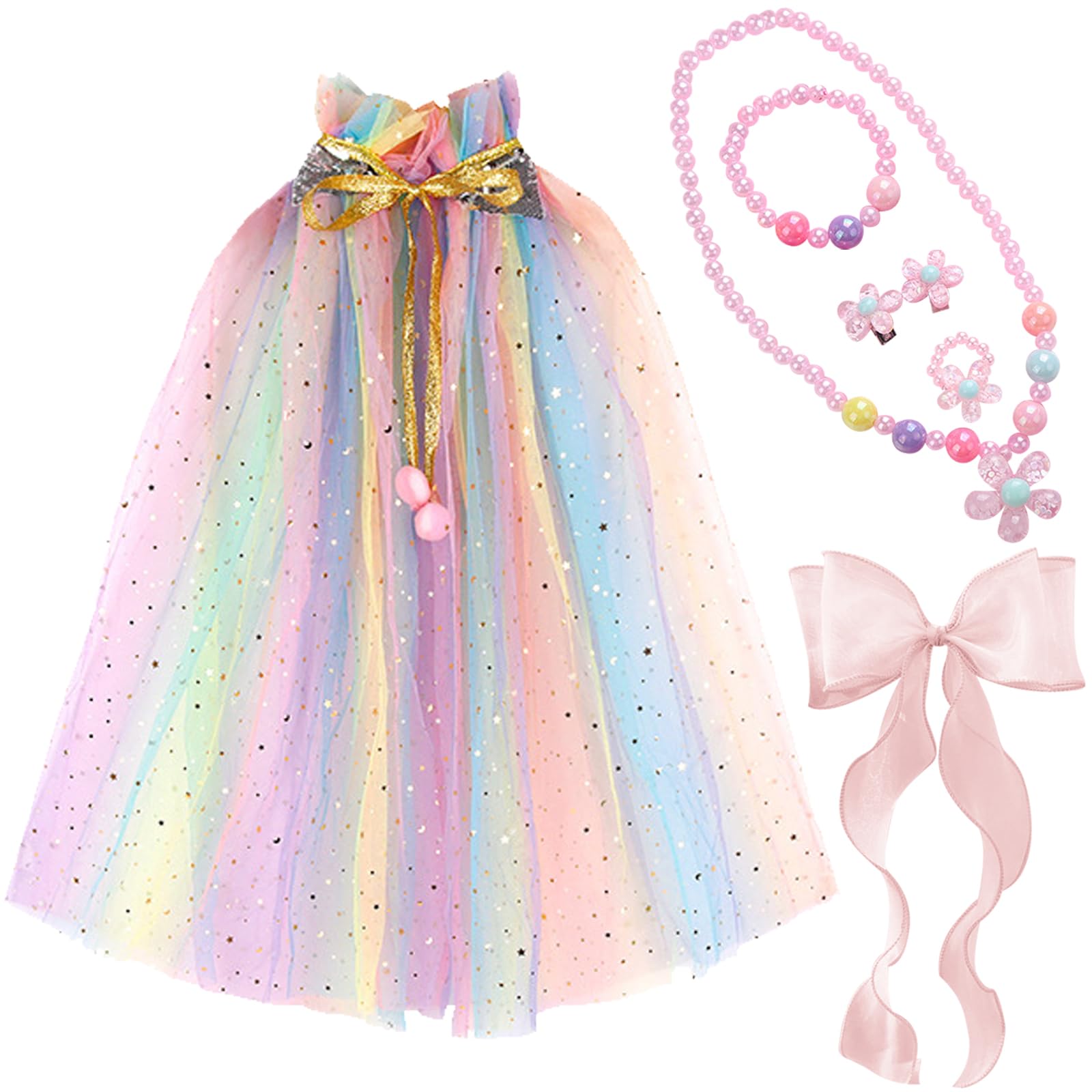 DKDDSSS Disfraz Princesa Niña, Capa de Princesa Niña, con Collar, Anillo, Accesorios para el Cabello con Lazo, Disfraz de Princesa Niña, para Fiestas, Juegos de Rol, Halloween, Carnavales