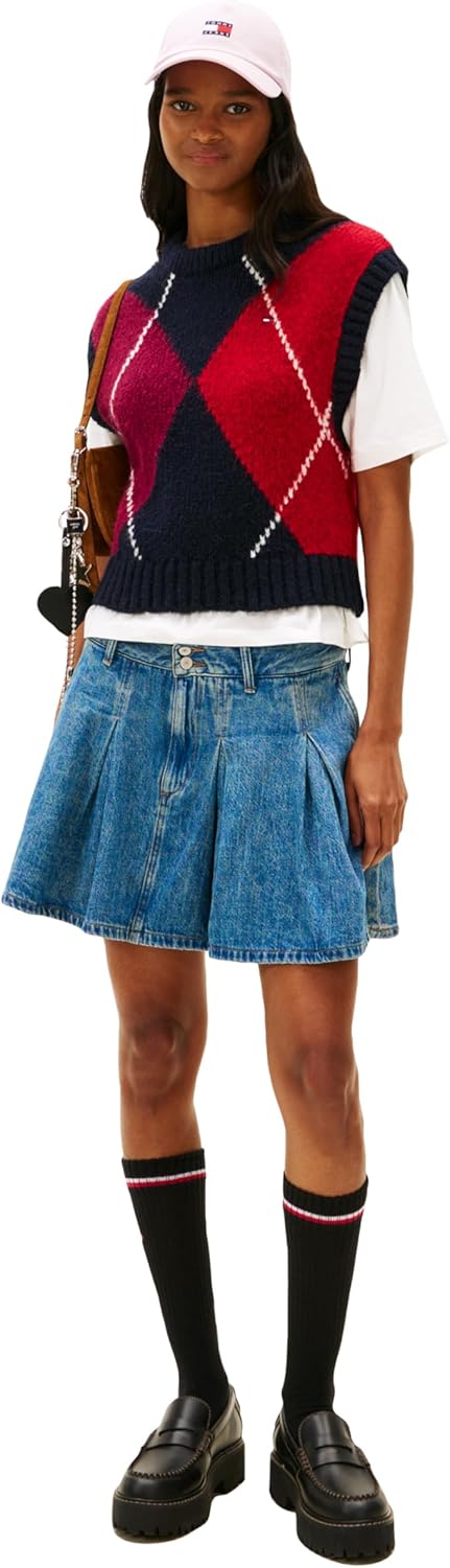 Tommy Jeans Women's Denim Pleated Mini Skirt with Embroidered Flag Logo