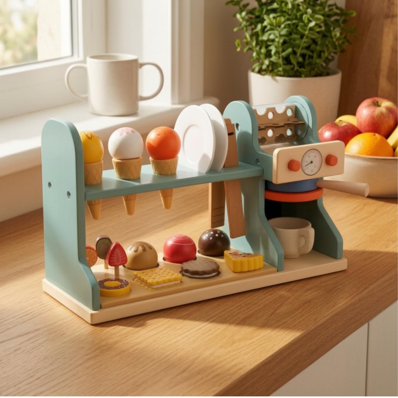 Negozio di Gelati e caffè Giocattolo in Legno Educativo Caffetteria Giocattolo in Legno Robusto Set Gelateria con Accessori per Bambini da 4 a 6 Anni