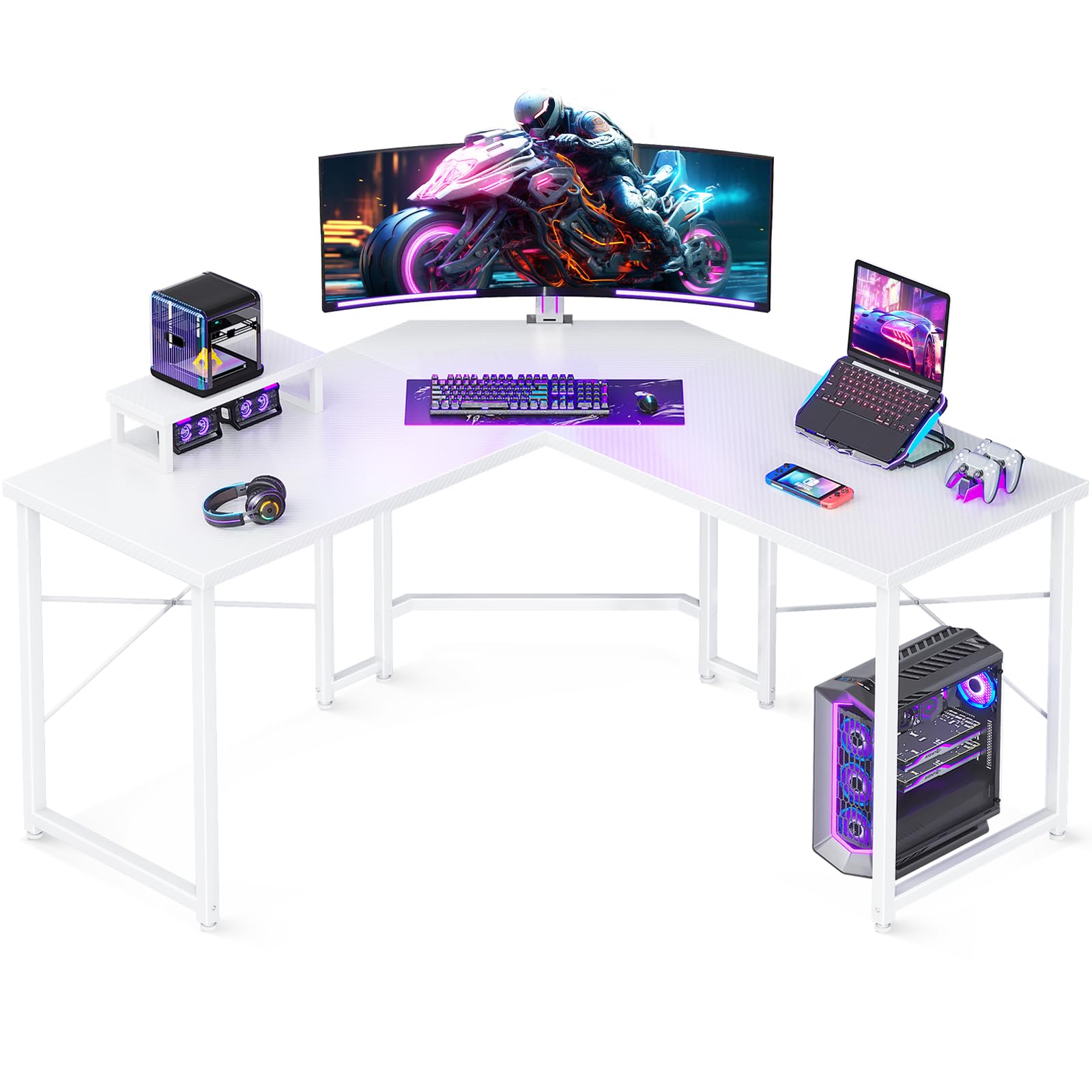 Casaottima L Shaped Gaming Desk with Monitor Stand, Corner Desk Gaming Table for Home Office, Computer Desk Sturdy Writing Workstation for Small Space, 51 inch, Carbon Fiber Surface, White