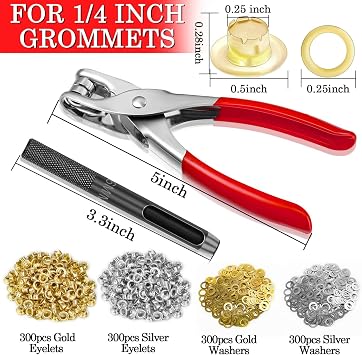 1200PCS Eyelet Grommet Tool Kit, Caffox 1/4 Inch Grommet Eyelet Plier 6mm Metal Eyelets and Washers for Fabric Hole Punch Grommet Pliers for Leather Clothes Belt