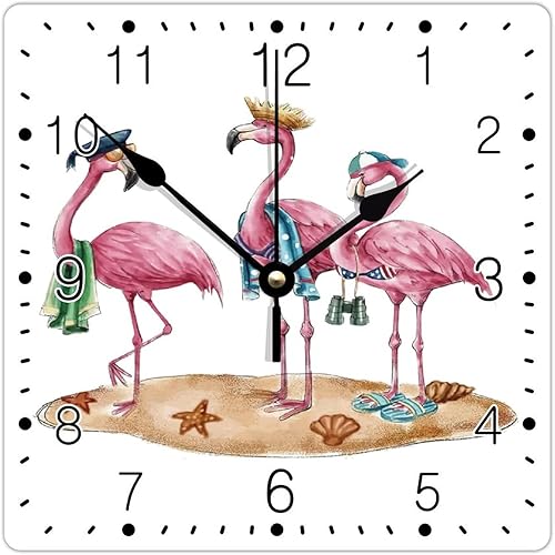 Reloj de pared colorido de flamenco tropical con pájaro rosa, Hawaii, playa, relojes cuadrados de Hello Summer Relojes decorativos a pilas de 10