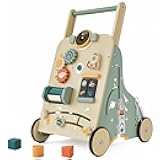 Adjustable Wooden Baby Walker – Montessori Push Toy for 1 Year Old with Rocket-Themed Activity Center, Sit-to-Stand Walker Gift for Boys and Girls