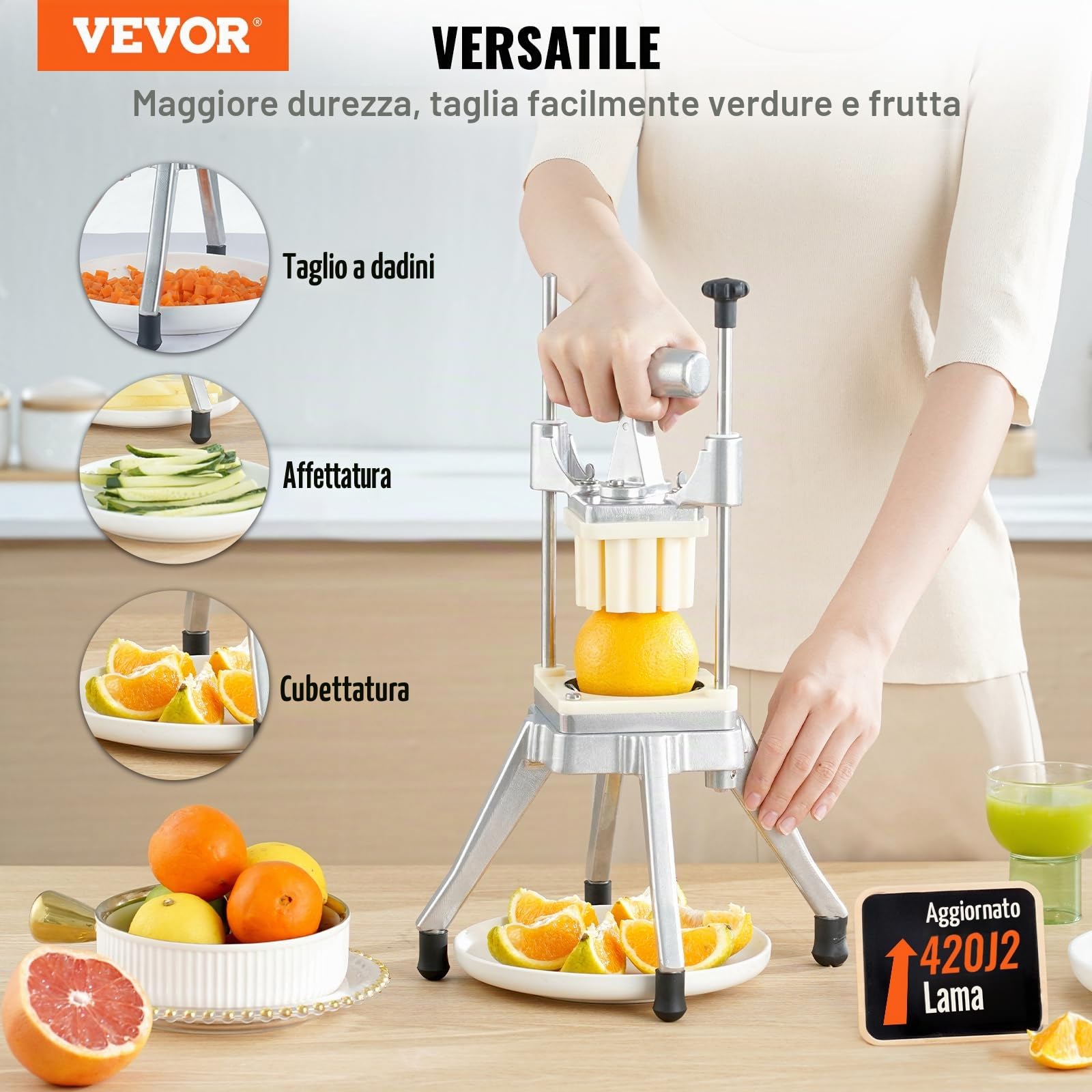 VEVOR Tritatutto Manuale Taglierina Manuale Patatine Verdure Frutta Lame in Acciaio Inox da 1/2" 1/4" 3/8", Tritatutto Commerciale Taglierina per Bastoncini Alimenti Frutta Verdure Manico Ergonomico
