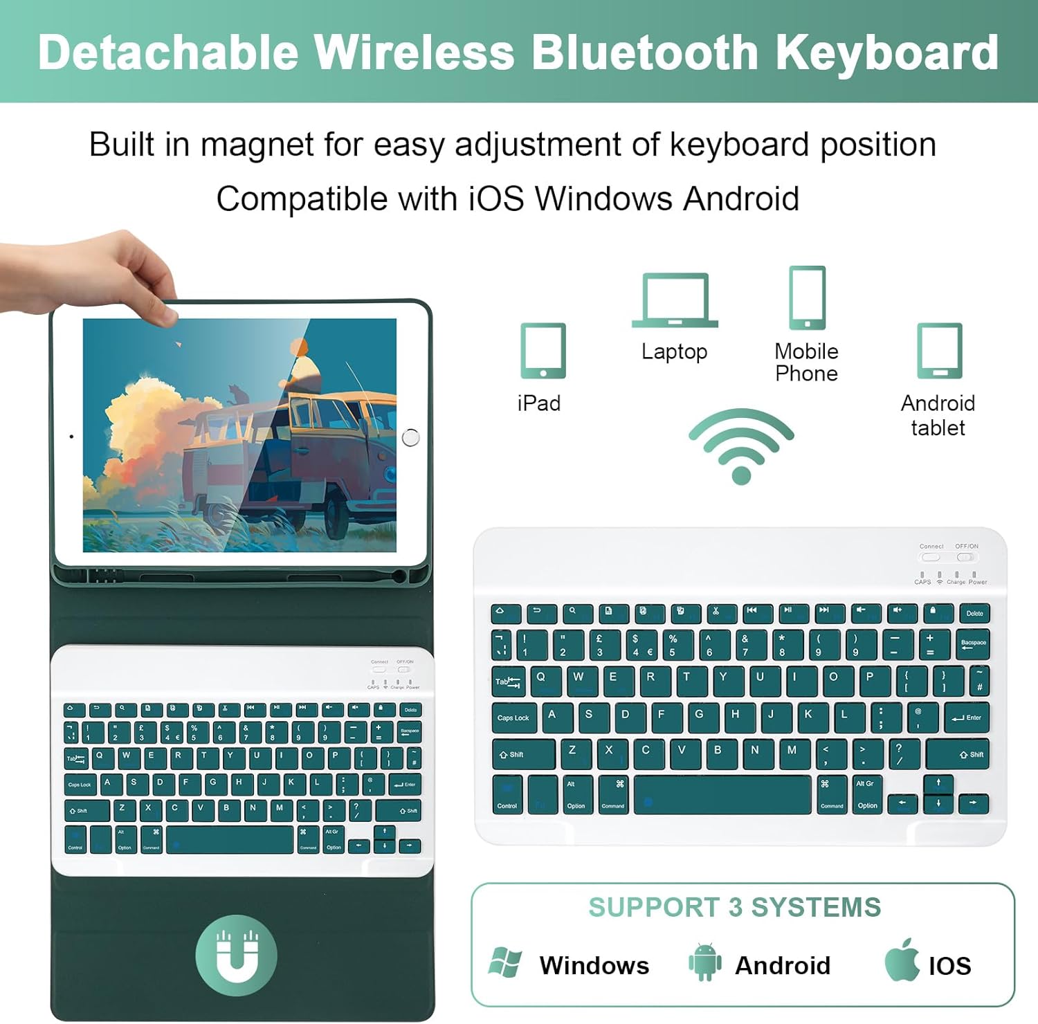 SOPPY Bluetooth Keyboard Case for iPad 6th/5th Generation, iPad Pro 9.7-inch, Air 1/2, Detachable Wireless Keyboard with Pencil Holder, Slim Protective Cover, USB-C Rechargeable, US - Dark Green