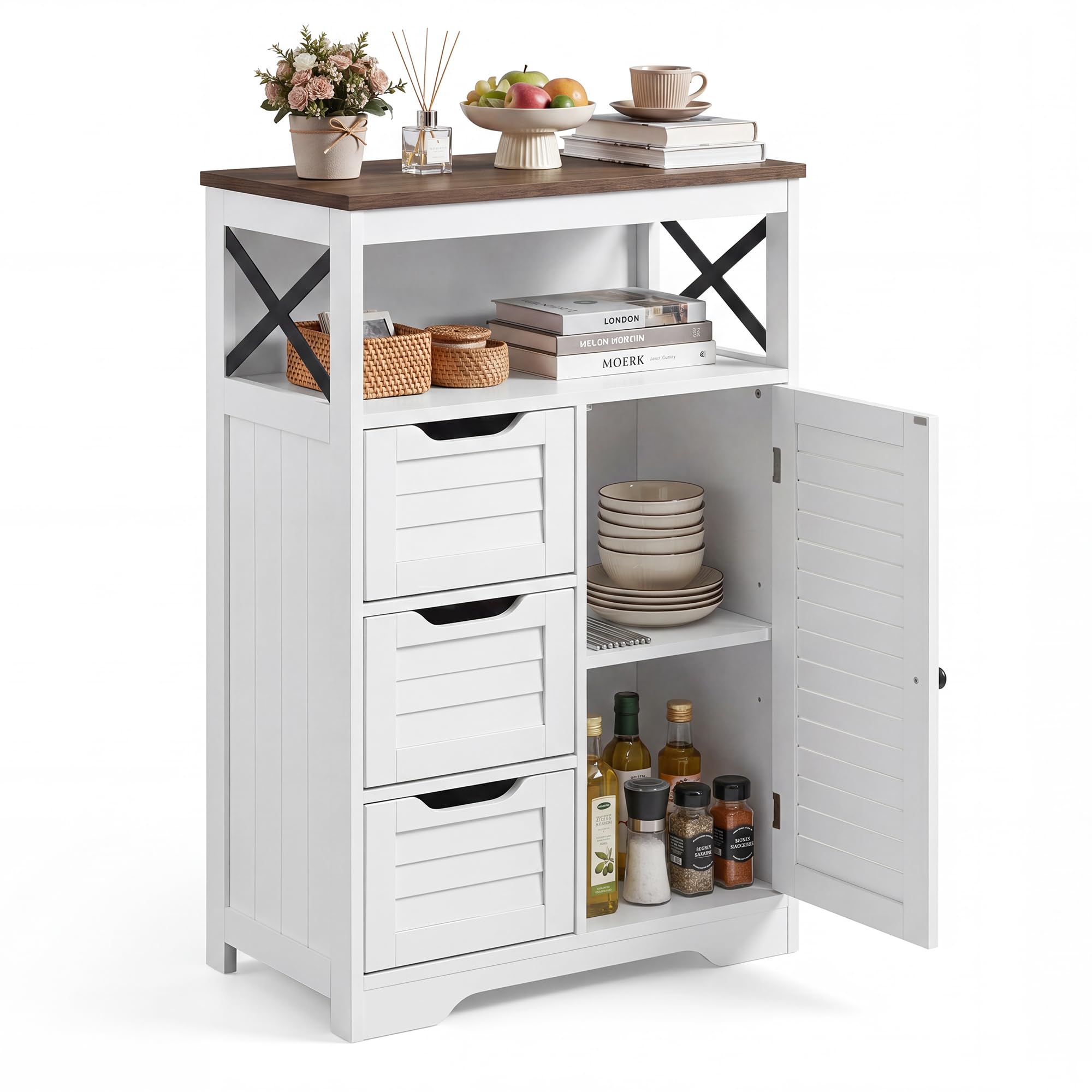 BonVache Küchenschrank mit 3 Schubladen, Jalousiestil, Aufbewahrungsschrank mit Offene Ablagefächer, Verstellbare Ablage, für Küche, Flur, Badezimmer, Wohnzimmer, 56 x 30 x 87cm, Weiß