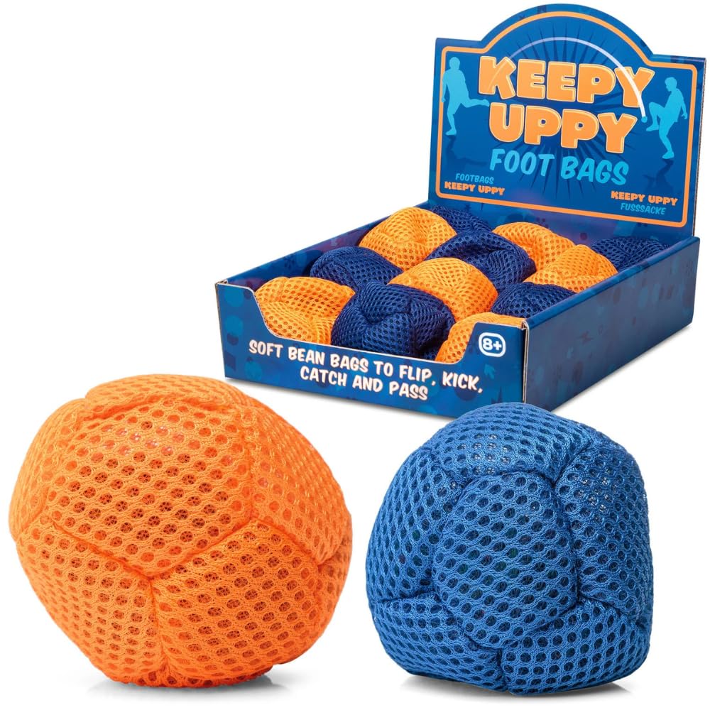 eMKay® Keepy Uppy Foot Bag | Soft Mesh Hacky Sack Toy for Indoor & Outdoor Play | Kick Catch Pass Flip | Fidget Bean Bag Game for Kids & Teens (BLUE or ORANGE - ASSTD PACK OF 1)