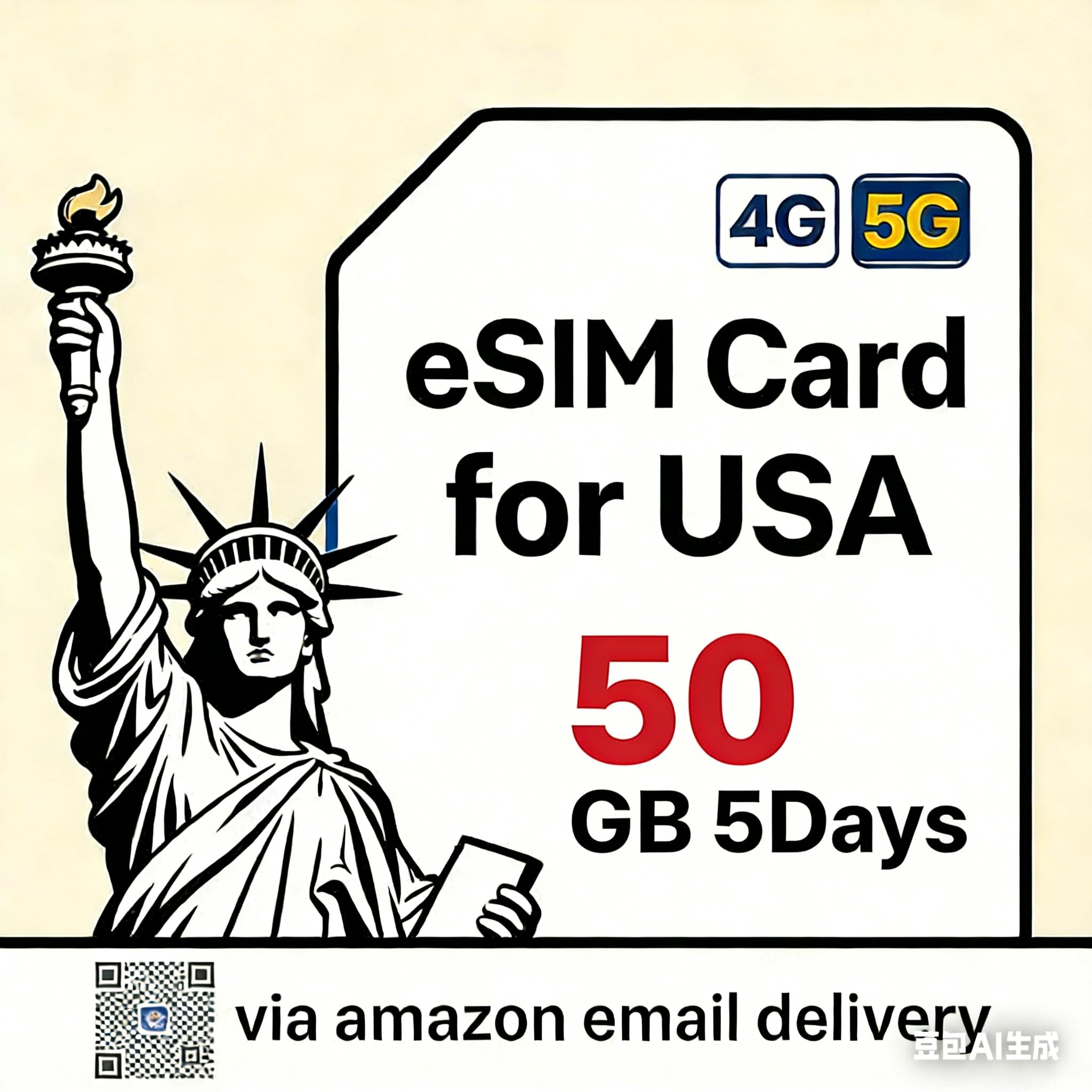 esim USA 50 GB Datos, 5 días, tarjeta prepaga, paquete de datos 4G/5G, eSIM de viaje prepago para países de EE. UU., entrega instantánea con código QR, no requiere SIM física, compatible con iOS y