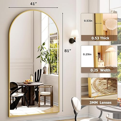 Vista 44 de Espejo arqueado de longitud completa, espejo arqueado de 36 x 78 pulgadas con soporte, montado en la pared para baño, vestidor, para colgar