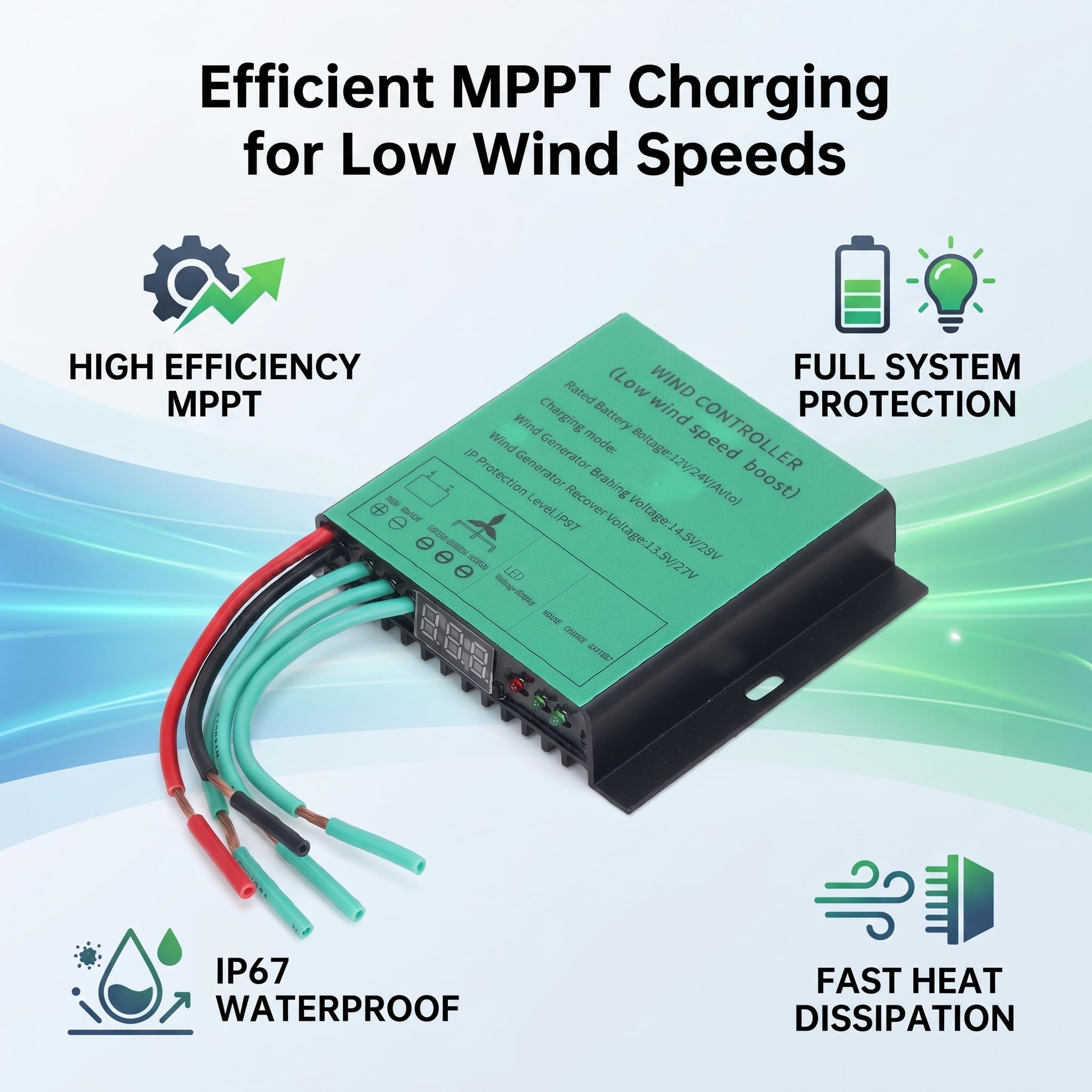 Fafeicy Regolatore di Carica MPPT per Turbina Eolica 12V 24V Automatico Impermeabile IP67 con Display LED 100W-600W Controller Carica Eolico Fotovoltaico Accessorio