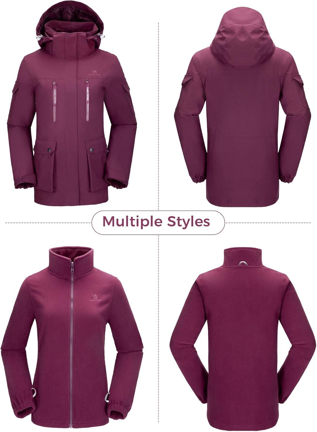CAMEL CROWN Women's Waterproof Ski Jackets 3 in 1 Snow Jackets Hooded Fleece Winter Coats Windbreaker Snowboard Jackets