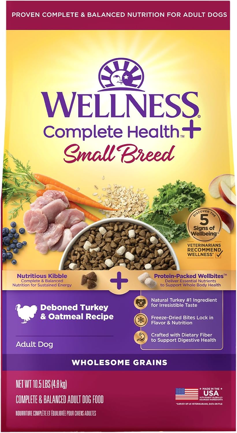 Wellness Complete Health+ Small Breed Adult Dry Dog Food with Freeze Dried Wellbites, Wholesome Grain Kibble+, Natural, Turkey and Oatmeal Recipe, 10.5 lb Bag