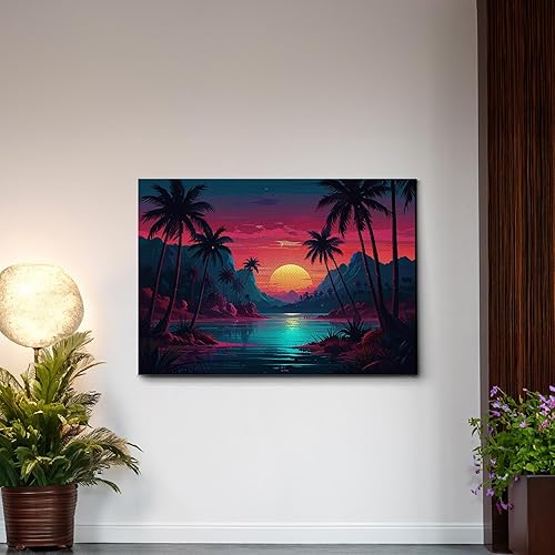 Miniatura 6 de Neon Sunset Vibes Florida Synthwave Sunset Framed Canvas Print, Retro Miami Style Wall Art, Canvas, Decor