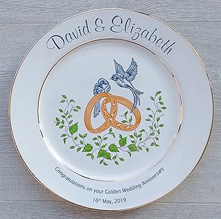 Heritage Pottery Personalized Bone China Commemorative Plate for A 50th Wedding Anniversary - Rings and Doves Design with 2 Gold Bands