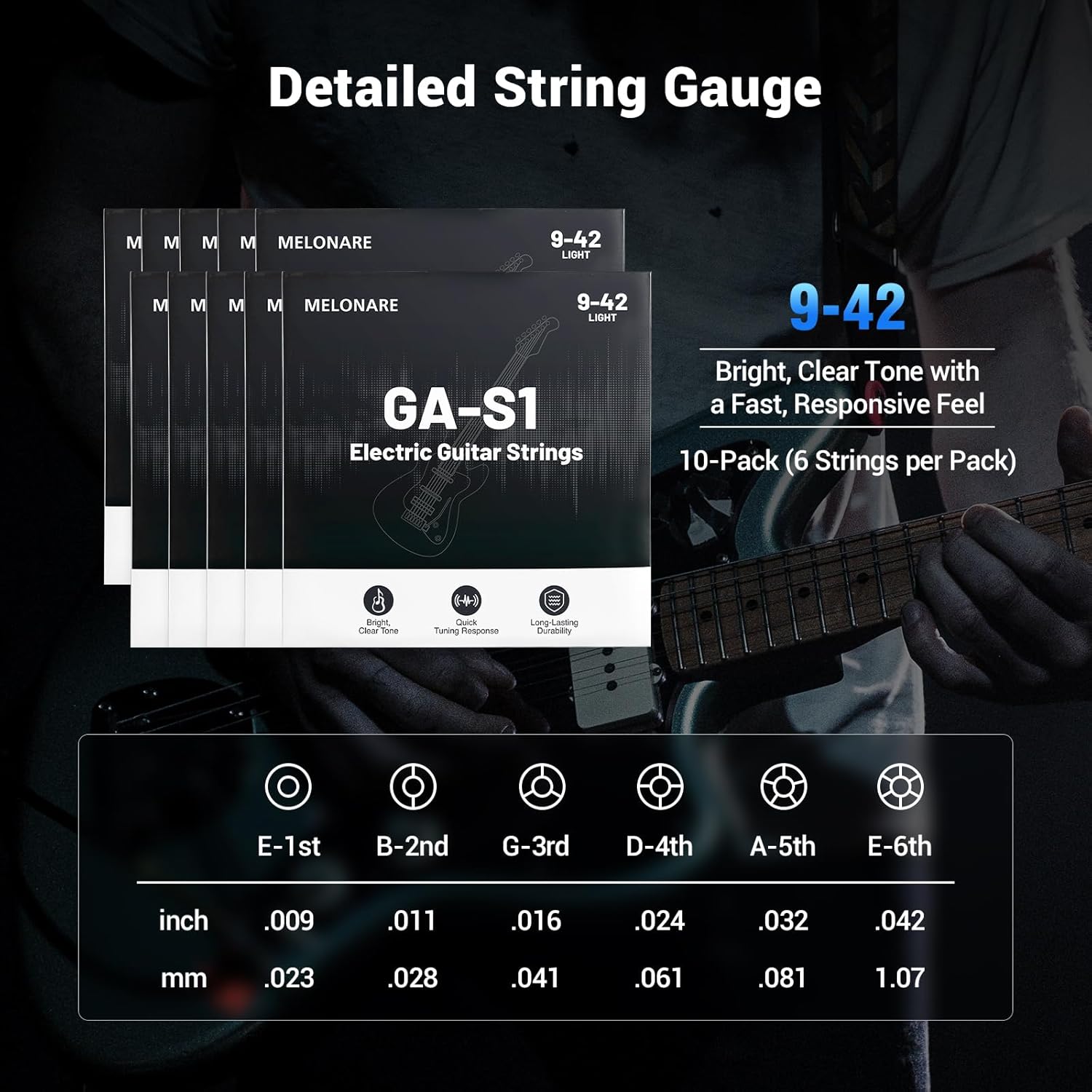 MELONARE Electric Guitar Strings, Ball-End Guitar Strings with Nickel-Plated Steel Winding, Hex Core & Anti-Rust Coating, 9-42Super Light Gauge, 10-Pack (GA-S1-10)