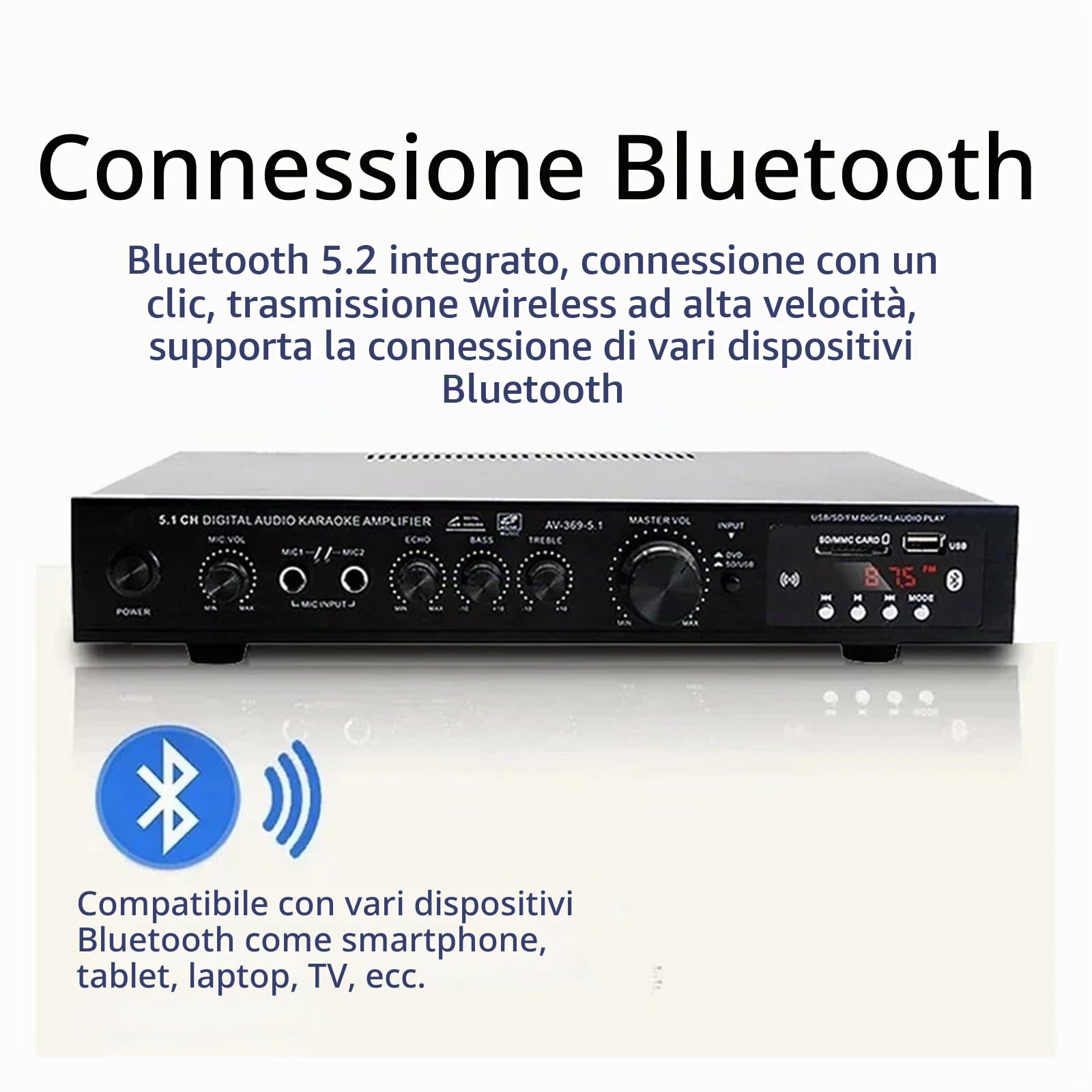AV-369BT Amplificatore stereo HiFi a 6 canali con amplificatore audio Bluetooth 5.1 Per l'home cinema