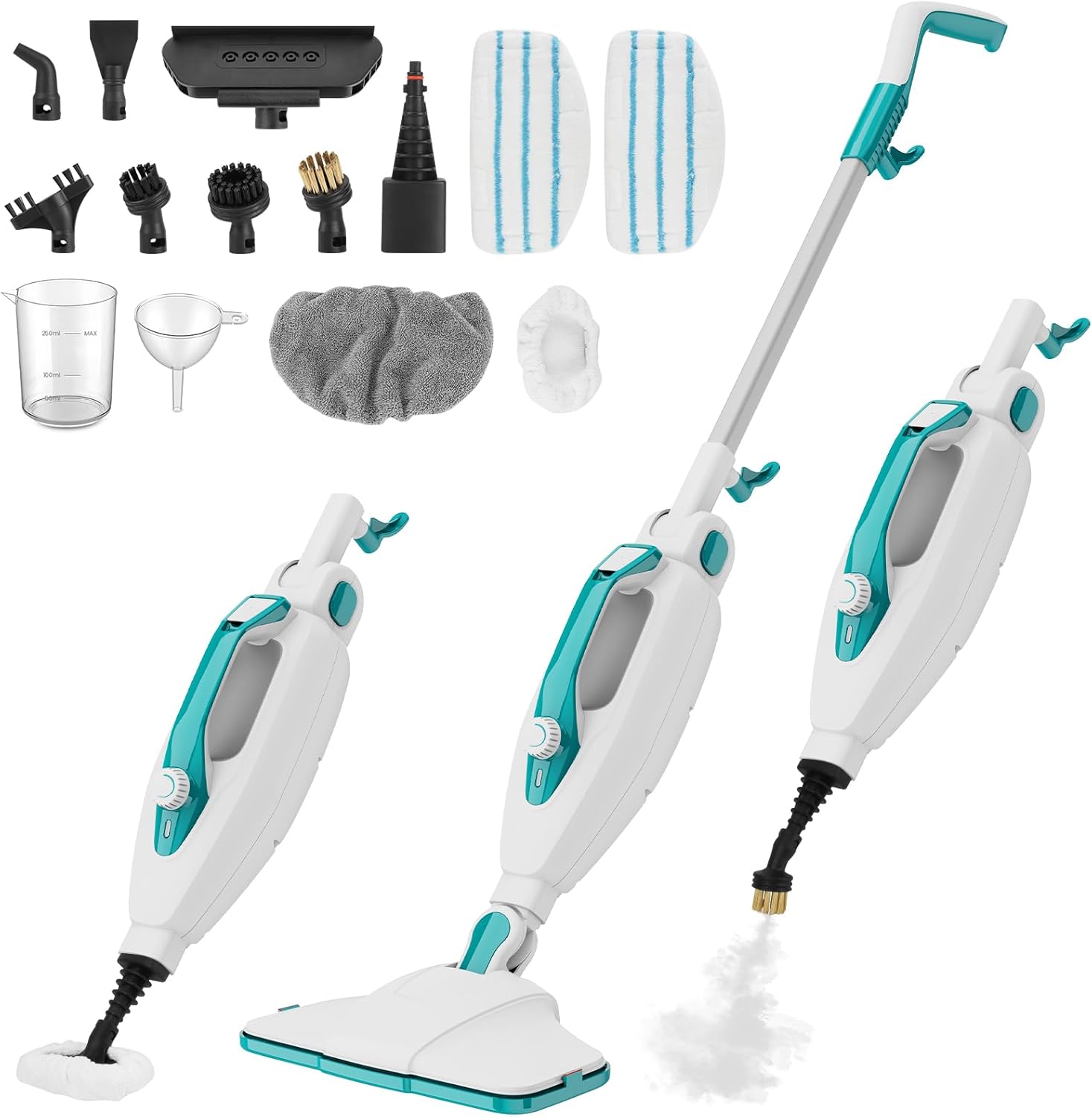 10-in-1 Steam Mop, 1550W Detachable Handheld Steam Cleaner with 350ML Tank for Floor Cleaning, 16FT Power Cable, 2 Washable Pads, Multi-Purpose Steamer for Hardwood, Carpet, Tile, Windows,Cyan