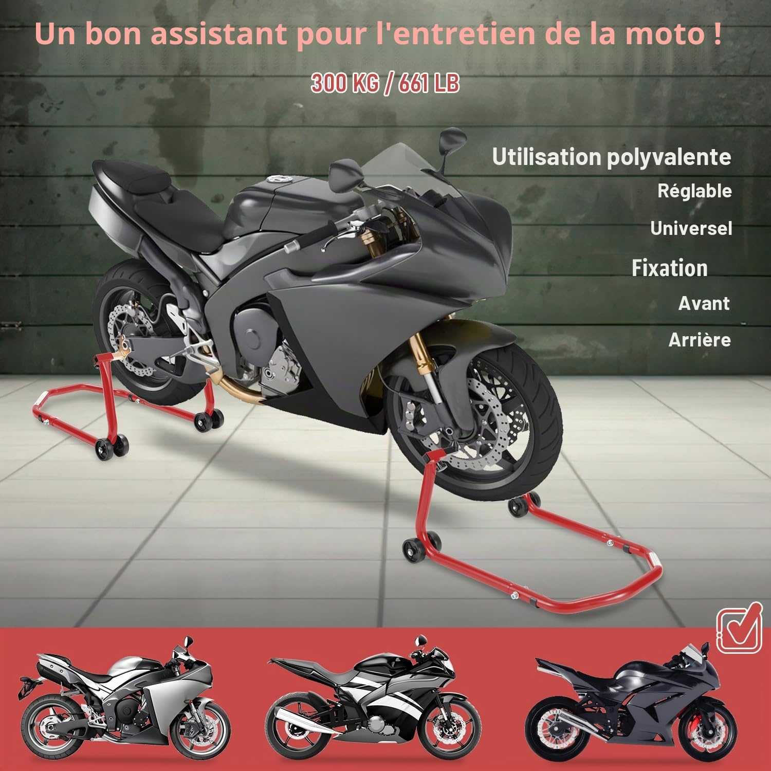 Béquille de moto arrière avec double roulettes, largeur réglable, travaux de montage pour motos jusqu'à 300 kg, stabilité (rouge)