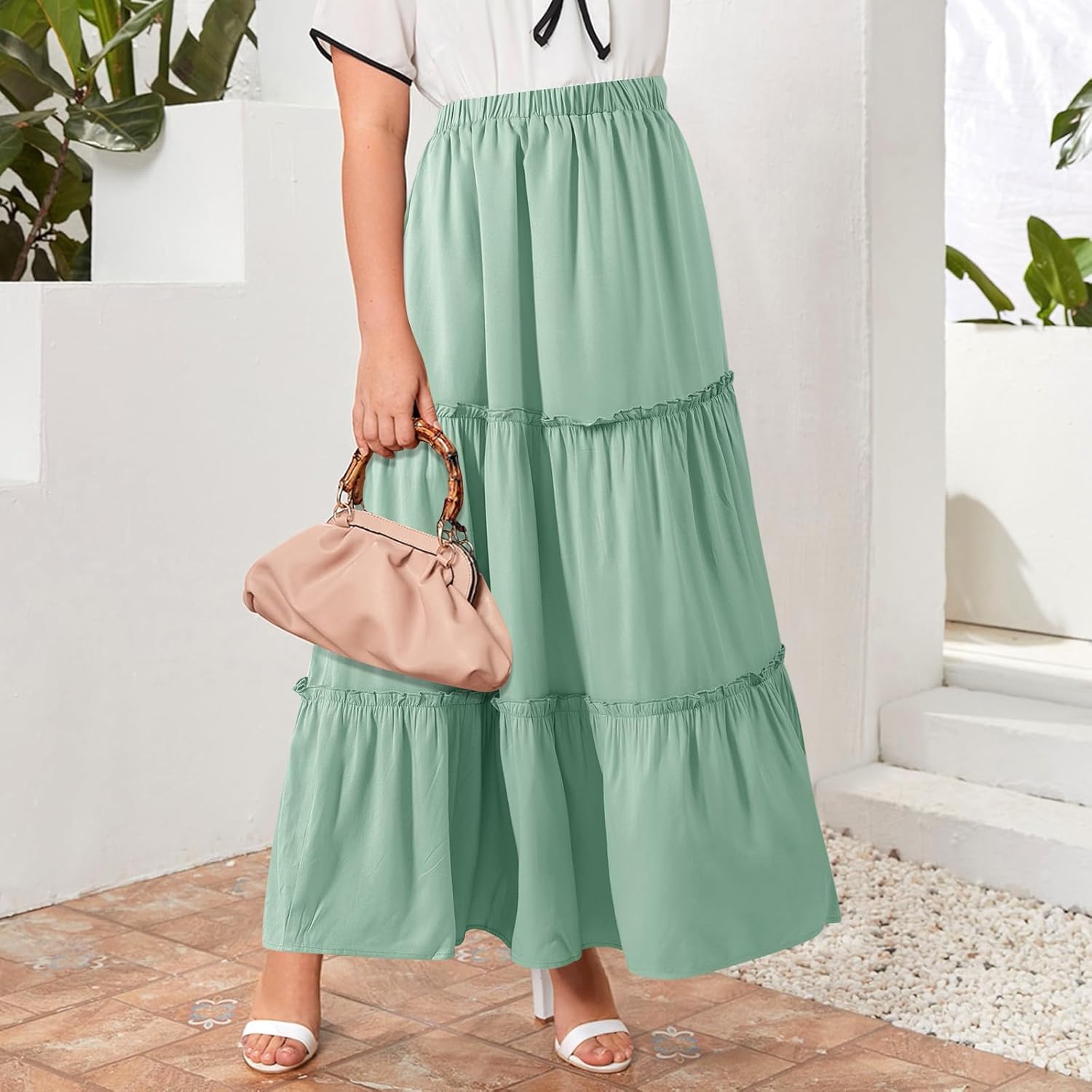 BOMAROLAN Women's Maxi Skirts Summer Elastic High Waist Boho Flowy Skirt A Line Long Skirts Ruffle Swing Beach Skirts - Image 6