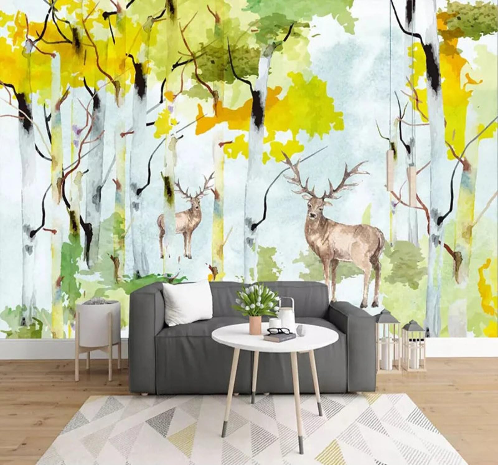 Watercolour Cartoon Abstract Forest Reindeer 3D Wallpaper Easy Install Feature Office Living Room Sofa Bedroom TV Background Wall Decoration-250cm×170cm