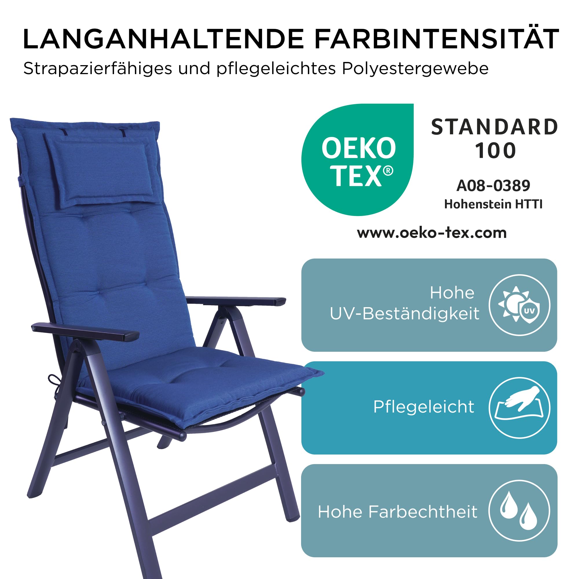 Gartenstuhlauflagen Hochlehner mit Kopfteil, 2er Set, Blau | Extra Dicke Sitzauflagen, Made in Europe, Polsterauflagen für Hochlehner, Auflagen mit extra hohem Komfort