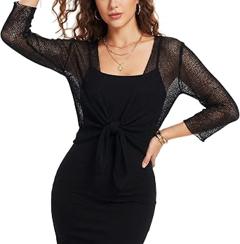 Womens Sheer Shrug 3/4 Tie Front Bolero Sleeve Summer Cover Up Lightweight Mesh Knit Cardigan for Party & Daily