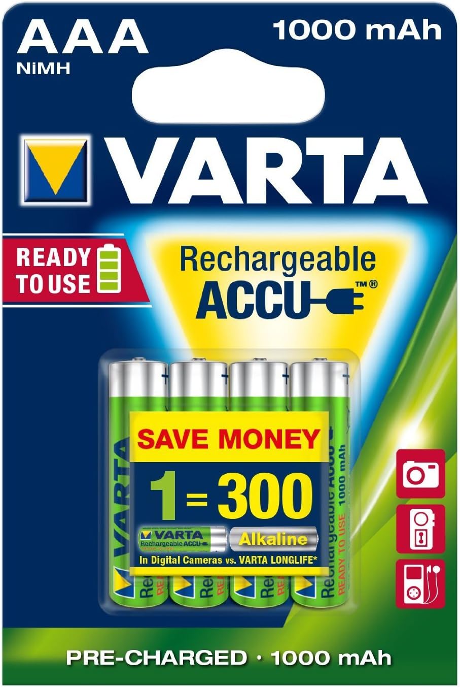 Varta Rechargeable AAA Batteries 1.2V NiMH 1000mAh Pack of 4