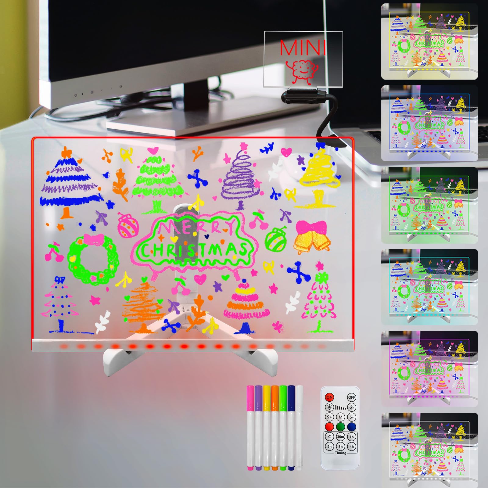 Lavagna cancellabile a secco Laysinly Light up, 30 x 20 CM 7 colori cambia Lavagna per appunti a LED luminosa, pennarello a 8 colori, alimentazione USB, telecomando (L)