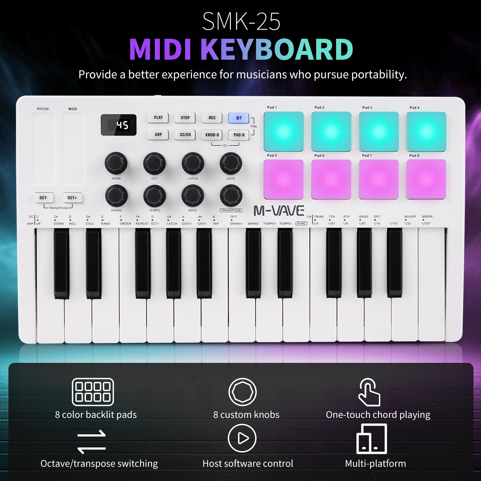 M-VAVE Controlador Midi, Musik-Arrangement Keyboard Mini 25 Teclas MIDI Electrónico Controller Pad Batería Incorporada SMK-25 Blanco