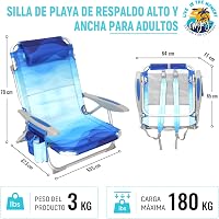Scaun de plajă pliabil WEJOY cu spătar reglabil în 4 poziții pentru adulți, ușor, cu pernă și buzunar, model albastru 9