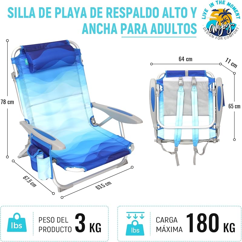Scaun de plajă pliabil WEJOY cu spătar reglabil în 4 poziții pentru adulți, ușor, cu pernă și buzunar, model albastru
