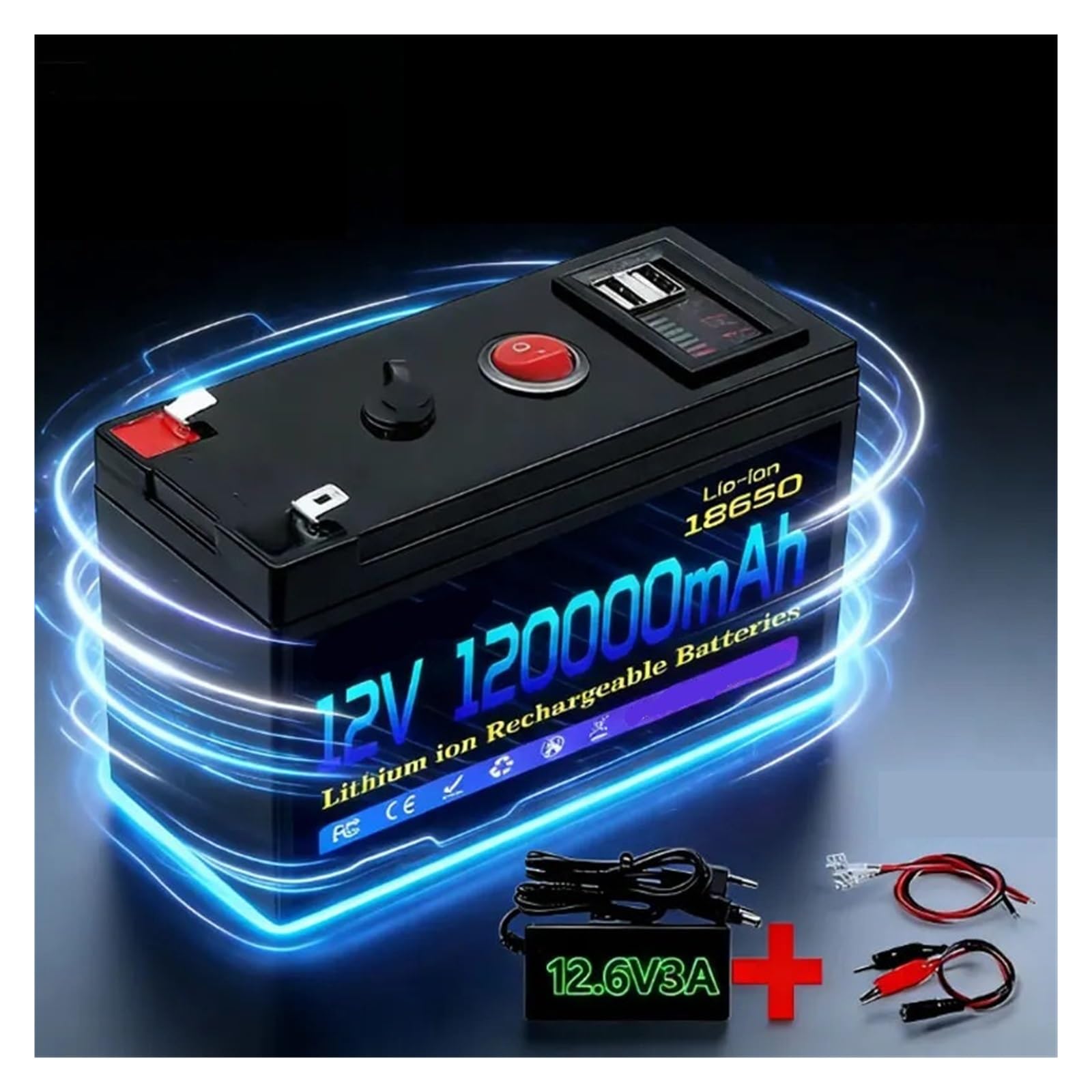 Batteria Solare Al Litio 120 Ah 12,6 V Con BMS 30 A Integrato | Batteria for veicoli elettrici ad alta corrente e caricabatterie da 12 V(12.6V 3A Charger)