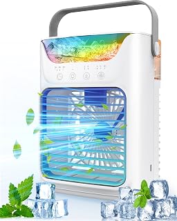 Portable Air Conditioners, Instantly Cooling Air Conditioner Portable with 3 Speeds, 2 Mist Settings, 650 mL, 7 Color Lights, Mini Personal Evaporative Air Cooler for Bedroom, Camping, Car, White