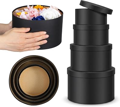 4-Pack Black Round Gift Boxes with Lids, Nesting Round Flower Box for Arrangements, Sturdy Cardboard Circle Box for Presents, Valentines Day, Mothers Day