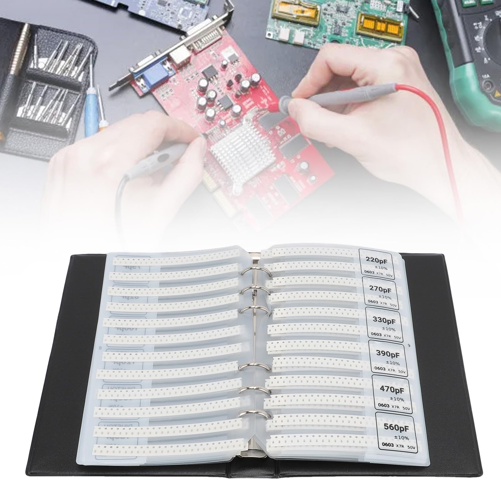 0603 Libro campioni di condensatori SMD, libro campioni di componenti elettronici di valore 84, kit di assortimento di condensatori in plastica nera per professionisti o