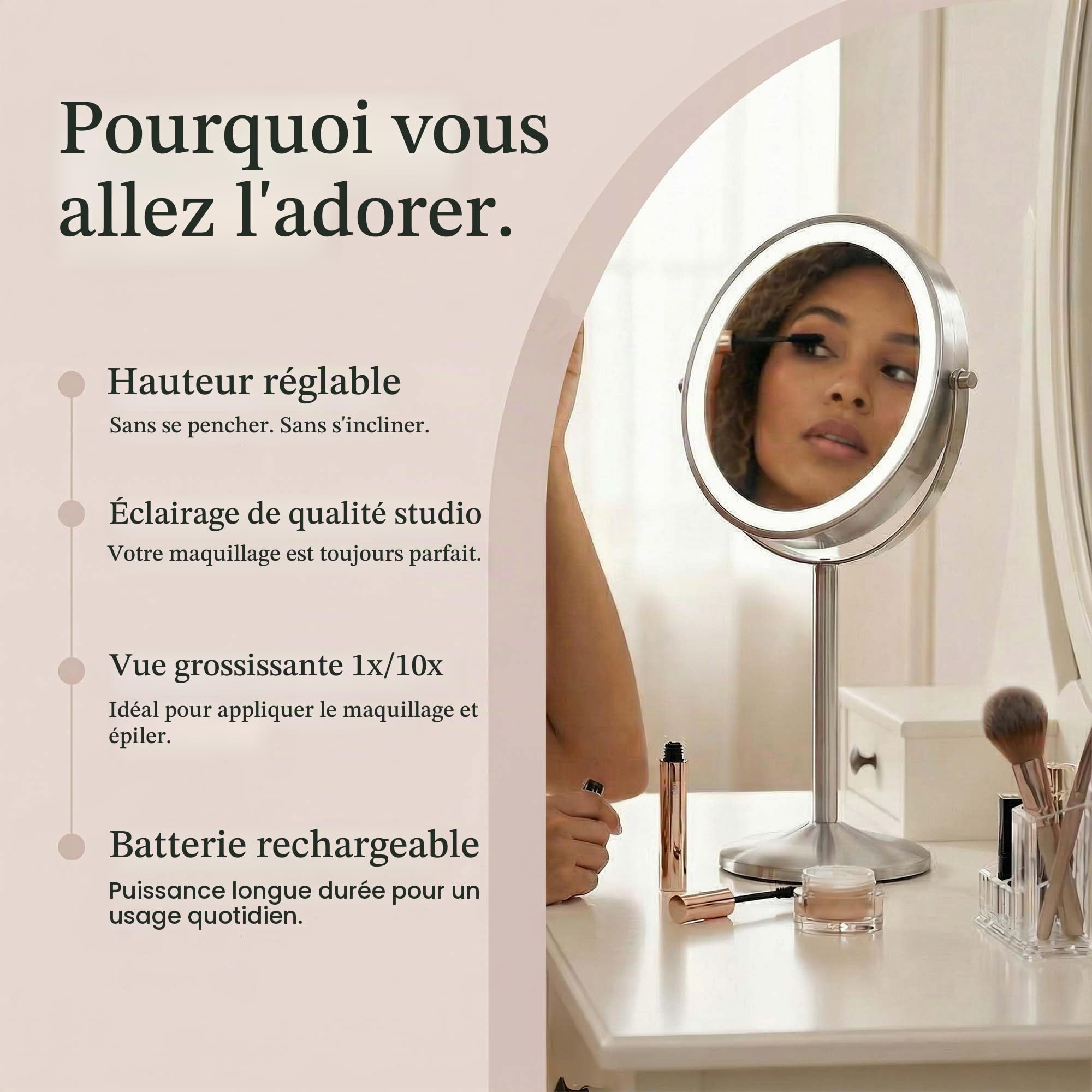 Fancii Miroir de Maquillage Lumineux de 20,3 cm avec grossissement, Hauteur réglable x10/1x, Rechargeable, Miroir de courtoisie Double Face à LED avec lumière et Support, pivotant à 360° (Hailey)