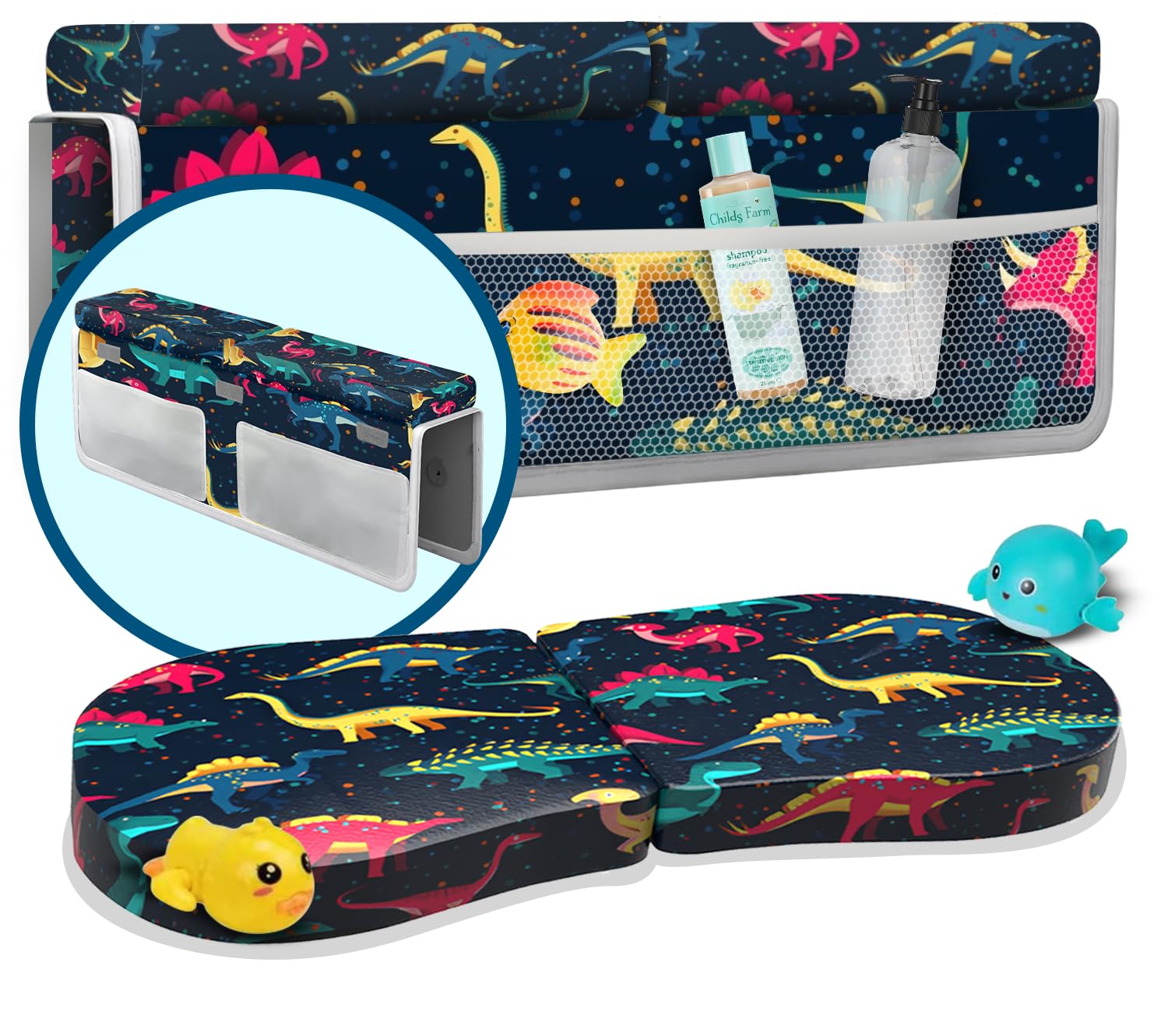Baby Bath Kneeler and Elbow Rest Pad 2 Pieces Set with 3 Spacious Pocket to Organize Baby Acessories, 1.5" Thick Non-Slip, Soft, Fast-Drying Foldable Toddler Bath (Multi-Color Dino)